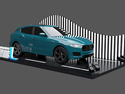 Display Shelves Showcasing Blue Car In Modern Setup With Striped Backdrop And Spotlights 3d model