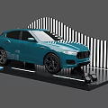 Display Shelves Showcasing Blue Car In Modern Setup With Striped Backdrop And Spotlights