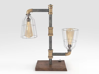 Industrial Style Furniture Table Lamp With Metal Pipes Wire Cage Shades And Wooden Base 3d model