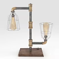Industrial Style Furniture Table Lamp With Metal Pipes Wire Cage Shades And Wooden Base