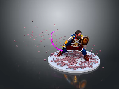 3D Armored Character Model With Dynamic Pink Fragments Shield And Circular Base 3d model
