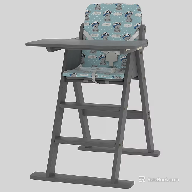 Kids High Chair With Gray Wooden Frame And Blue Cartoon Pattern Seat Cushion 3d model 