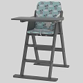 Kids High Chair With Gray Wooden Frame And Blue Cartoon Pattern Seat Cushion