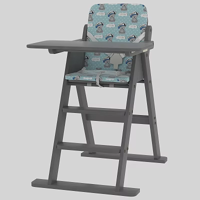 Kids High Chair With Gray Wooden Frame And Blue Cartoon Pattern Seat Cushion 3d model
