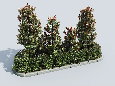Mixed Shrubs with Green and Red Foliage in Garden Bed with Gray Border for Landscaping 3d model