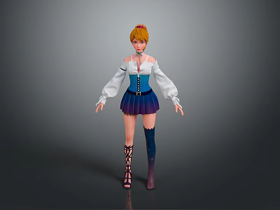 Game Movie Character With Blonde Hair Blue White Corset Top Purple Skirt Long Socks Standing 3d model