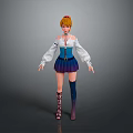 Game Movie Character With Blonde Hair Blue White Corset Top Purple Skirt Long Socks Standing