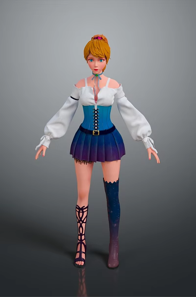 Game Movie Character With Blonde Hair Blue White Corset Top Purple Skirt Long Socks Standing 3d model