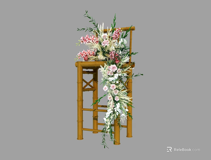 Bamboo Chair Adorned With Pink White Floral Arrangement And Green Foliage 3d model 
