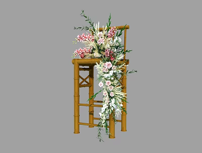 Bamboo Chair Adorned With Pink White Floral Arrangement And Green Foliage 3d model
