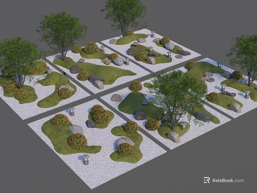 Microlandscape Design Featuring Green Grass Decorative Stones Small Trees And Shrubs 3d model