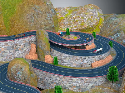 Winding Mountainous Terrain With Multi Layered Roads Stone Walls Rocky Cliffs And Green Trees 3d model