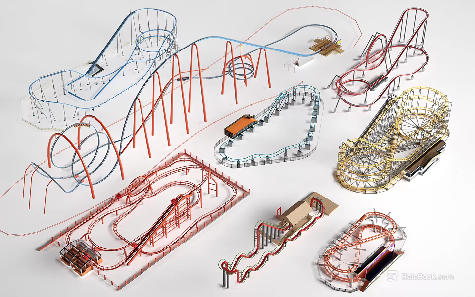 Vibrant Roller Coaster Ride Models with Various Designs Complex Curves and Steep Slopes 3d model