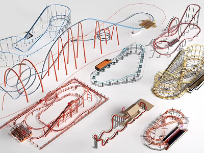 Vibrant Roller Coaster Ride Models with Various Designs Complex Curves and Steep Slopes 3d model