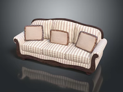 Elegant Classic Three Seater Sofa With Striped Fabric And Brown Trimmed Cushions 3d model