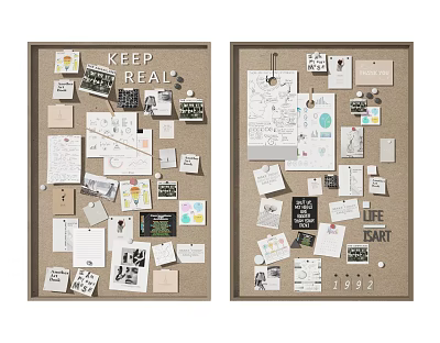 Corkboard Background Wall With Various Notes Photos And Decorative Items 3d model