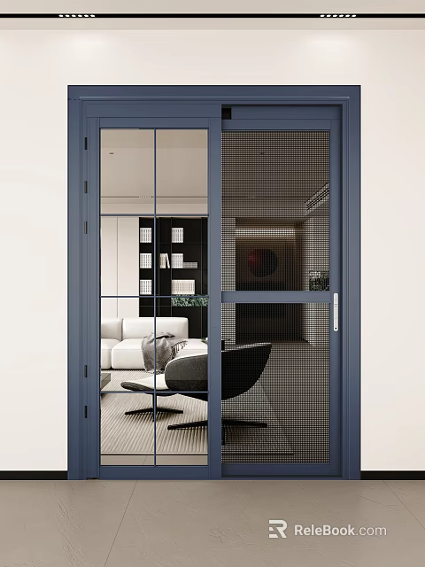 Blue Sliding Doors with Glass and Mesh Design for Modern Home Living Room Interior 3d model 