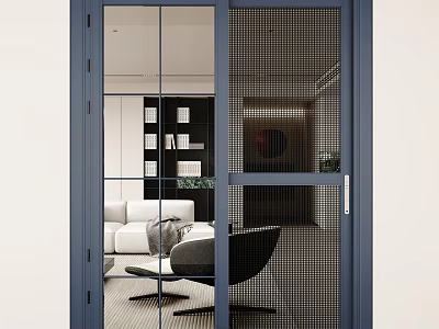 Blue Sliding Doors with Glass and Mesh Design for Modern Home Living Room Interior 3d model