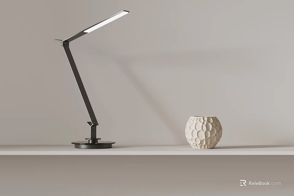 Modern Table Lamp With Adjustable Arm Black Frame Long LED Light And White Textured Vase 3d model 