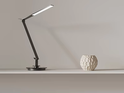 Modern Table Lamp With Adjustable Arm Black Frame Long LED Light And White Textured Vase 3d model