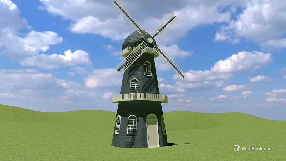 Classic Windmill Tower Structure With Wooden Blades Windows Door Balcony And Green Field 3d model 