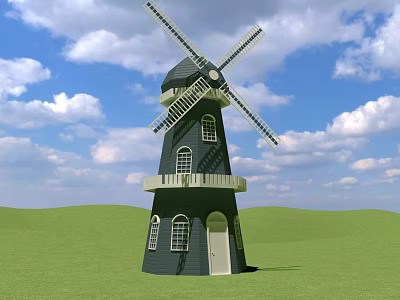 Classic Windmill Tower Structure With Wooden Blades Windows Door Balcony And Green Field 3d model