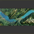 3D Topographic Model With Green Mountain Terrain And Blue Lake Features
