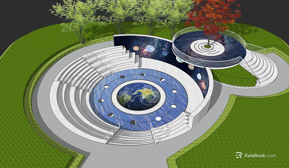 Outdoor Circular Landscape With Earth Center Star Patterns Trees And Walkway 3d model 