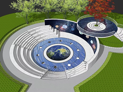 Outdoor Circular Landscape With Earth Center Star Patterns Trees And Walkway 3d model