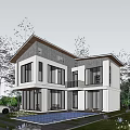 Modern Two Story Detached Villa with Large Windows Surrounded by Trees and Front Water Feature