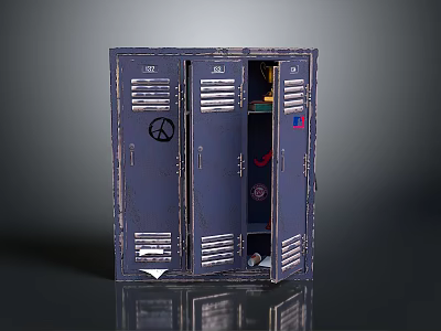 Vintage Blue Lockers With Open Door Peace Symbol And Items Inside 3d model