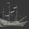 Vintage Wooden Ship With Multiple Masts And Black Sails On Reflective Surface