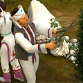 Two People In Traditional Costumes Watering And Trimming Plants In Garden
