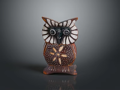 Decorative Wooden Owl Figurine With Brown Color And Intricate Star Pattern Design 3d model