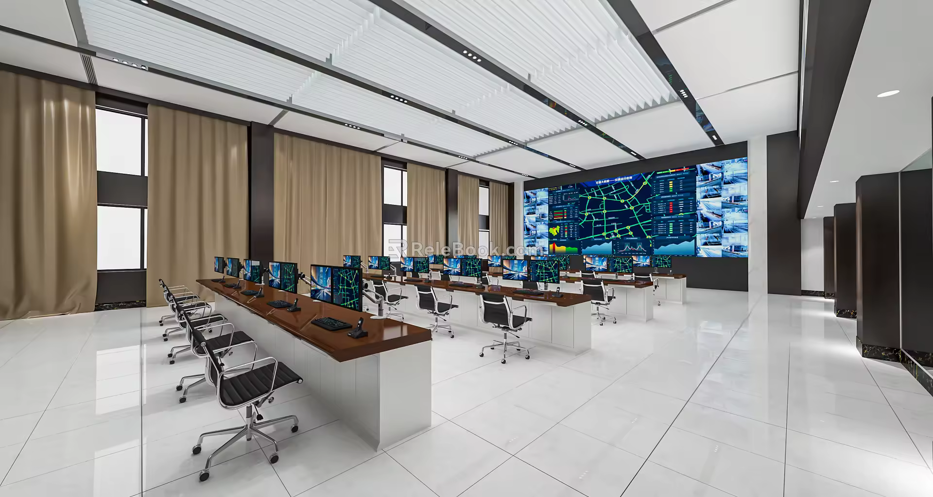 Modern monitoring room Command control room Dispatching command center Monitoring hall Command hall Office desks and chairs 3d model
