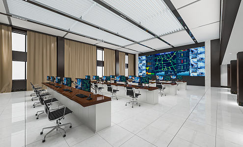 Modern monitoring room Command control room Dispatching command center Monitoring hall Command hall Office desks and chairs 3d model