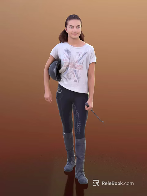 Child in White Equestrian T shirt and Black Riding Pants Holding Riding Crop and Helmet 3d model 