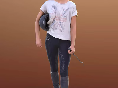 Child in White Equestrian T shirt and Black Riding Pants Holding Riding Crop and Helmet 3d model