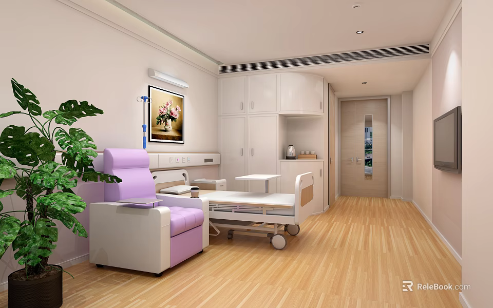 Comfortable Hospital Room Interior With Medical Bed Purple Sofa White Cabinets And Plants 3d model 