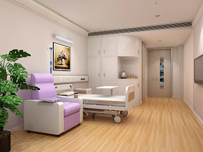 Comfortable Hospital Room Interior With Medical Bed Purple Sofa White Cabinets And Plants 3d model