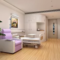 Comfortable Hospital Room Interior With Medical Bed Purple Sofa White Cabinets And Plants