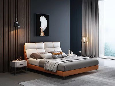 Double Bed White Orange Headboard Gray Bedding Wooden Wall Black Wall Nightstand Painting Window Curtains 3d model