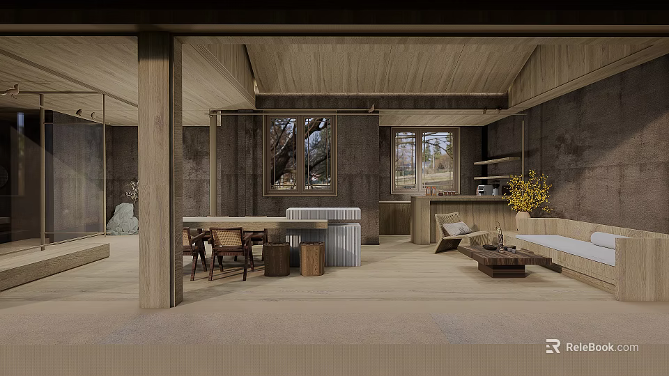 Hotel Public Lounge Area With Wooden Ceiling Concrete Walls Large Windows And Cozy Seating 3d model 