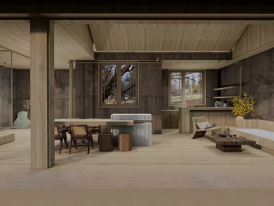 Hotel Public Lounge Area With Wooden Ceiling Concrete Walls Large Windows And Cozy Seating 3d model