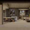Hotel Public Lounge Area With Wooden Ceiling Concrete Walls Large Windows And Cozy Seating