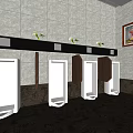 Public Restroom Interior with Wooden Stall Doors Sinks Gray Walls and White Flowers