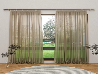 Light Filtering Beige Sheer Curtains For Window With Green Garden View And Potted Plants 3d model