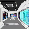 Modern Hi tech Interior Space With Glass Walls And Digital Screens Showing Night Fireworks
