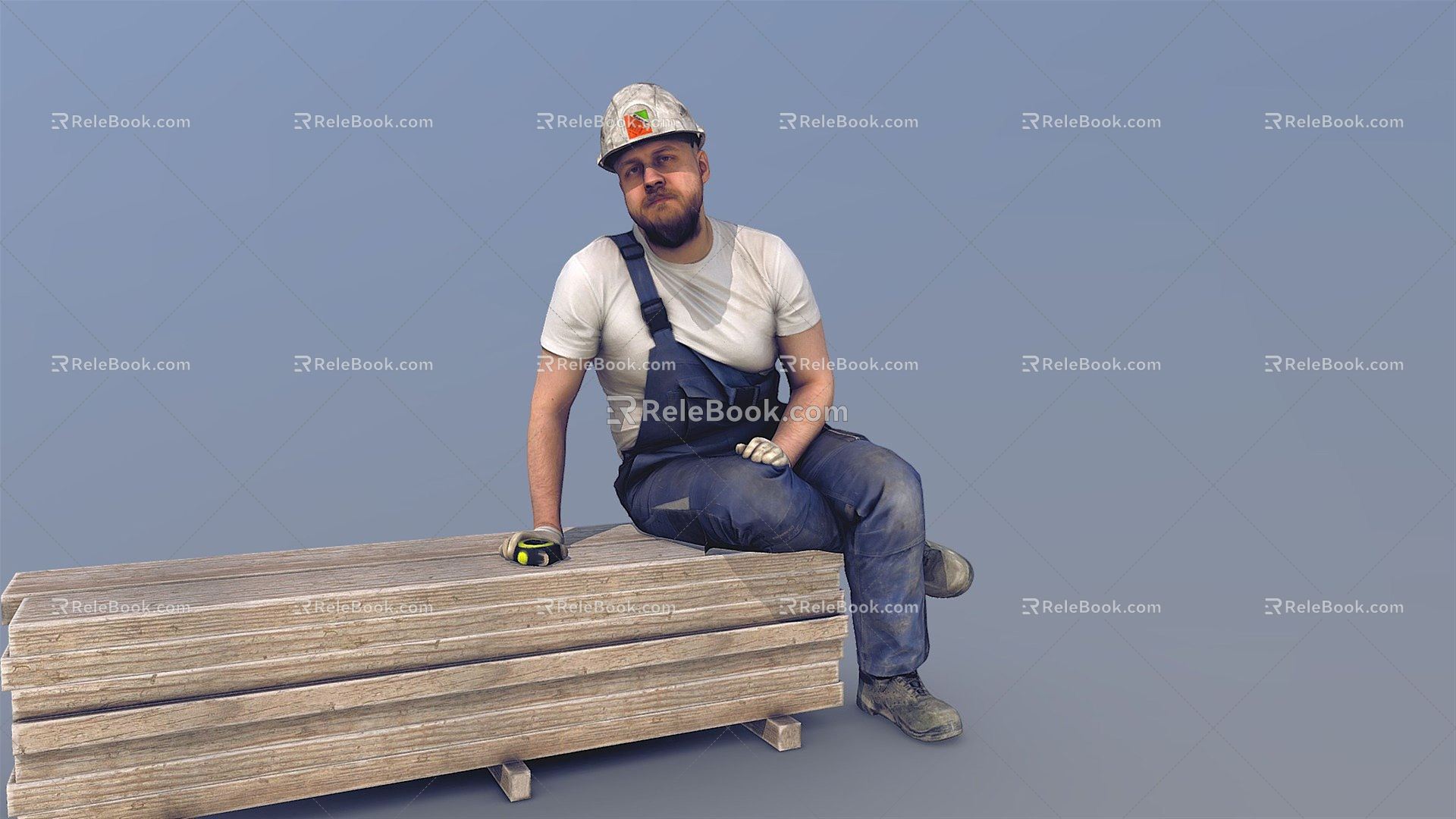 Modern man sitting with helmeted workers 3d model