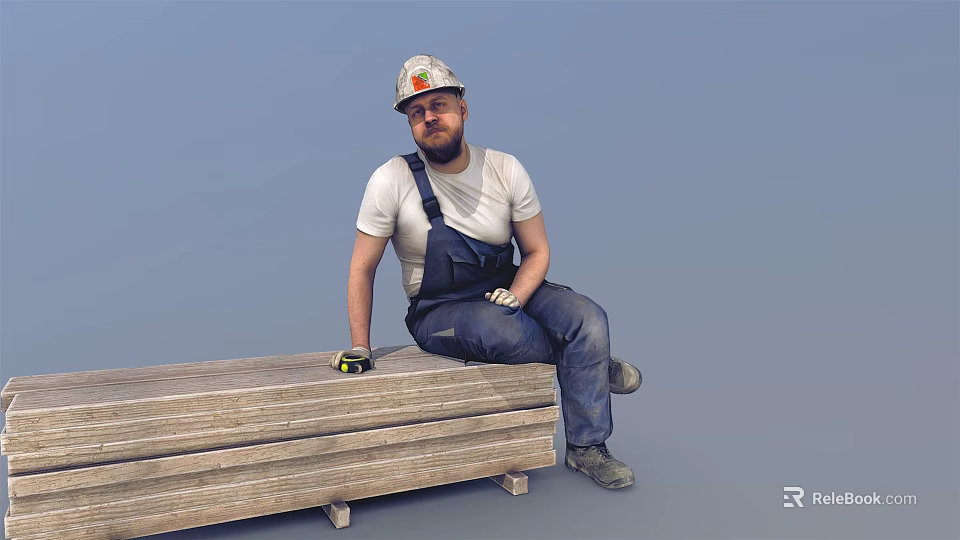 Man in Hard Hat and Overalls Sitting on Wooden Planks with Tape Measure 3d model 